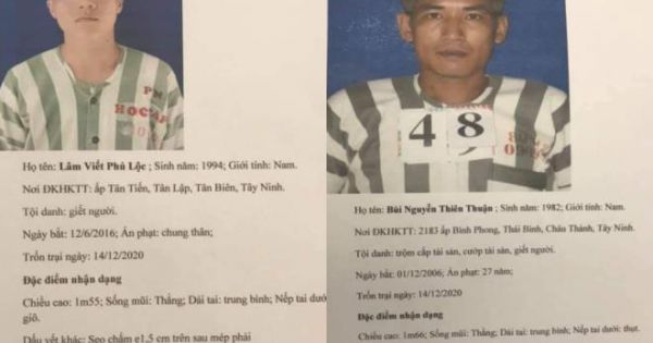 Truy nã hai phạm nhân đang thụ án tội giết người bỏ trốn khỏi trại giam tại Tây Ninh