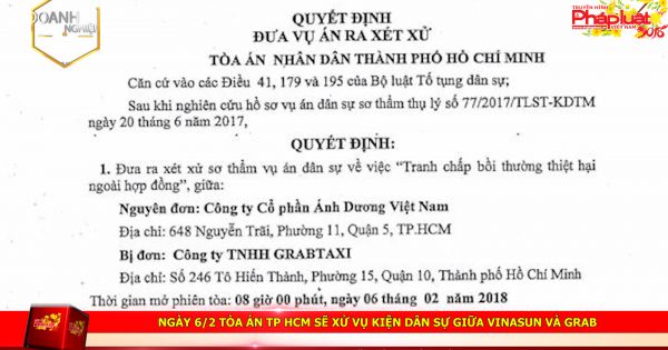 Ngày 6/2 Tòa án TP HCM sẽ xử vụ kiện dân sự giữa Vinasun và Grab