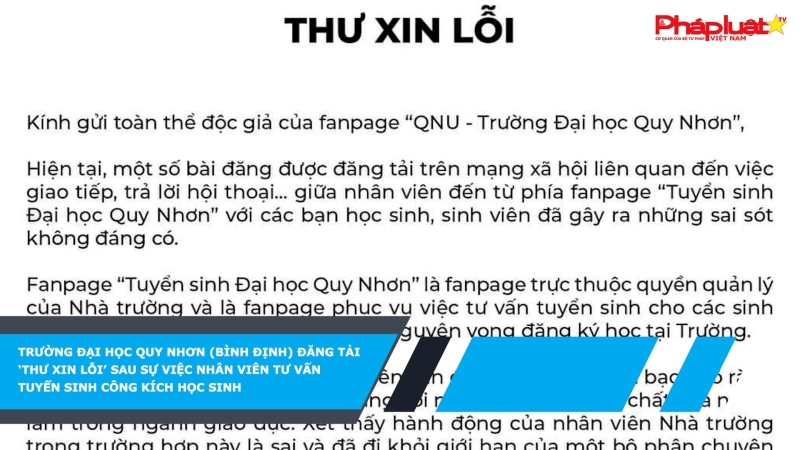 Trường Đại học Quy Nhơn (Bình Định) đăng tải ‘Thư xin lỗi’ sau sự việc nhân viên tư vấn tuyển sinh công kích học sinh